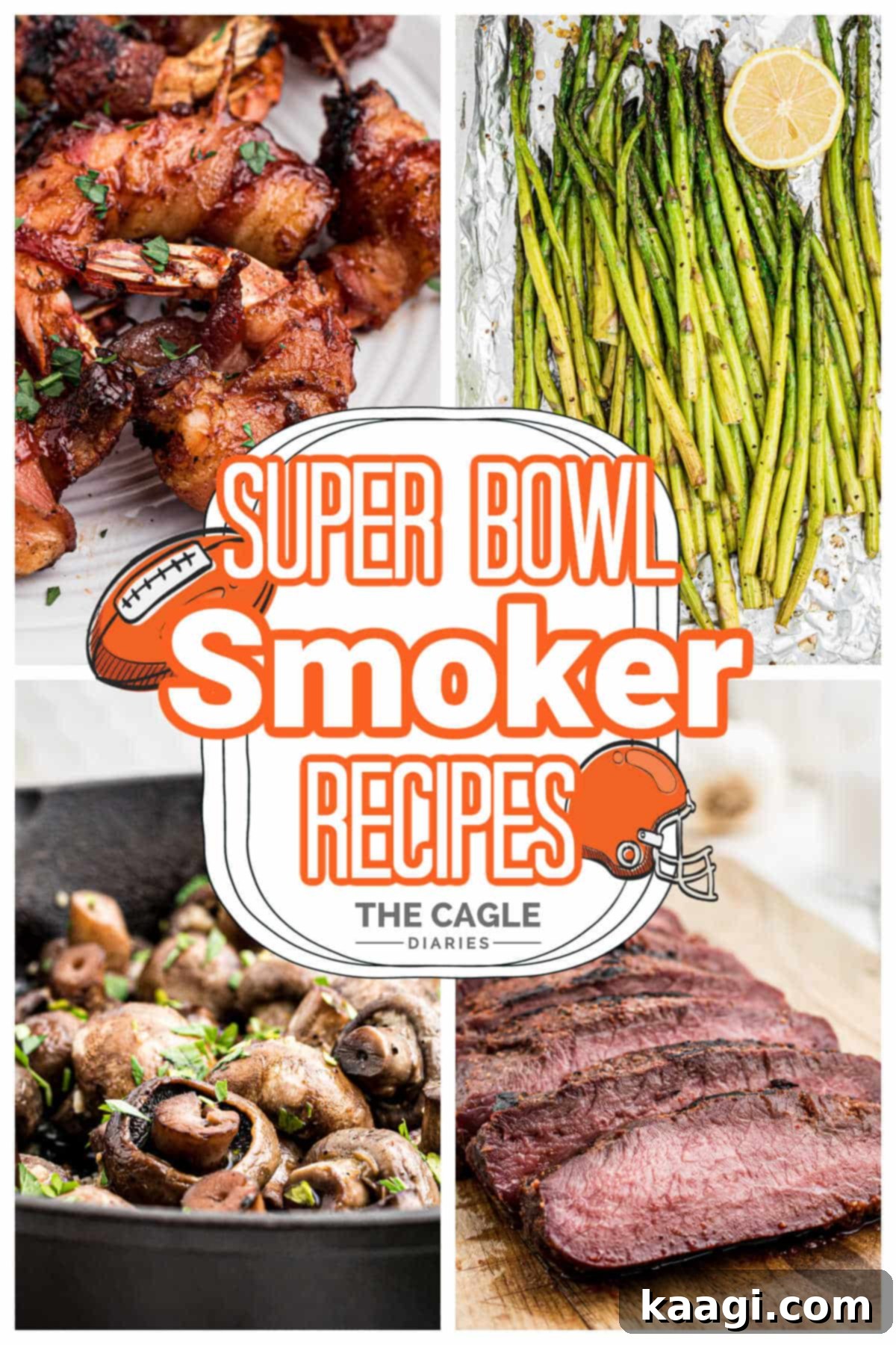 A collage of four images showing ideas for super bowl smoker recipes with text overlay for pinterest.