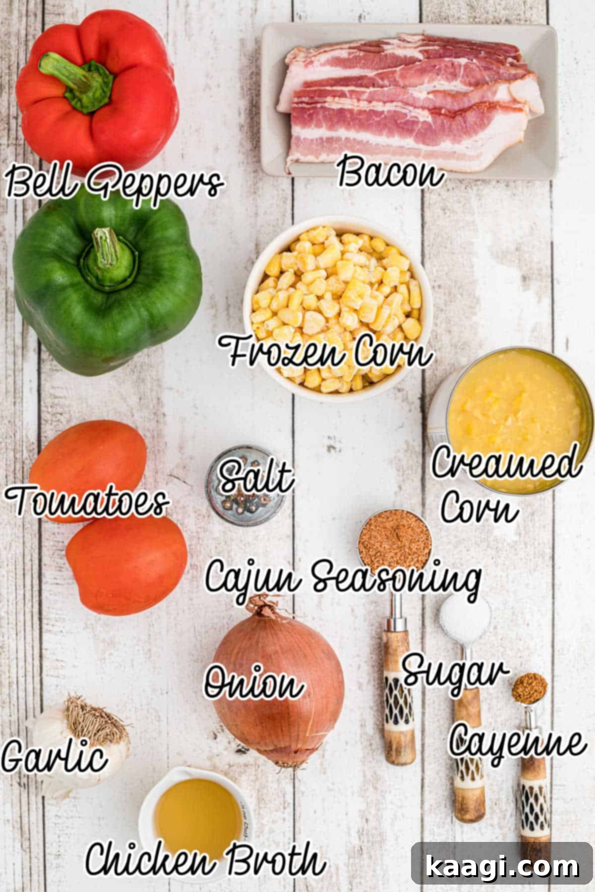 Ingredients laid out for making a Cajun Corn Maque Choux recipe.