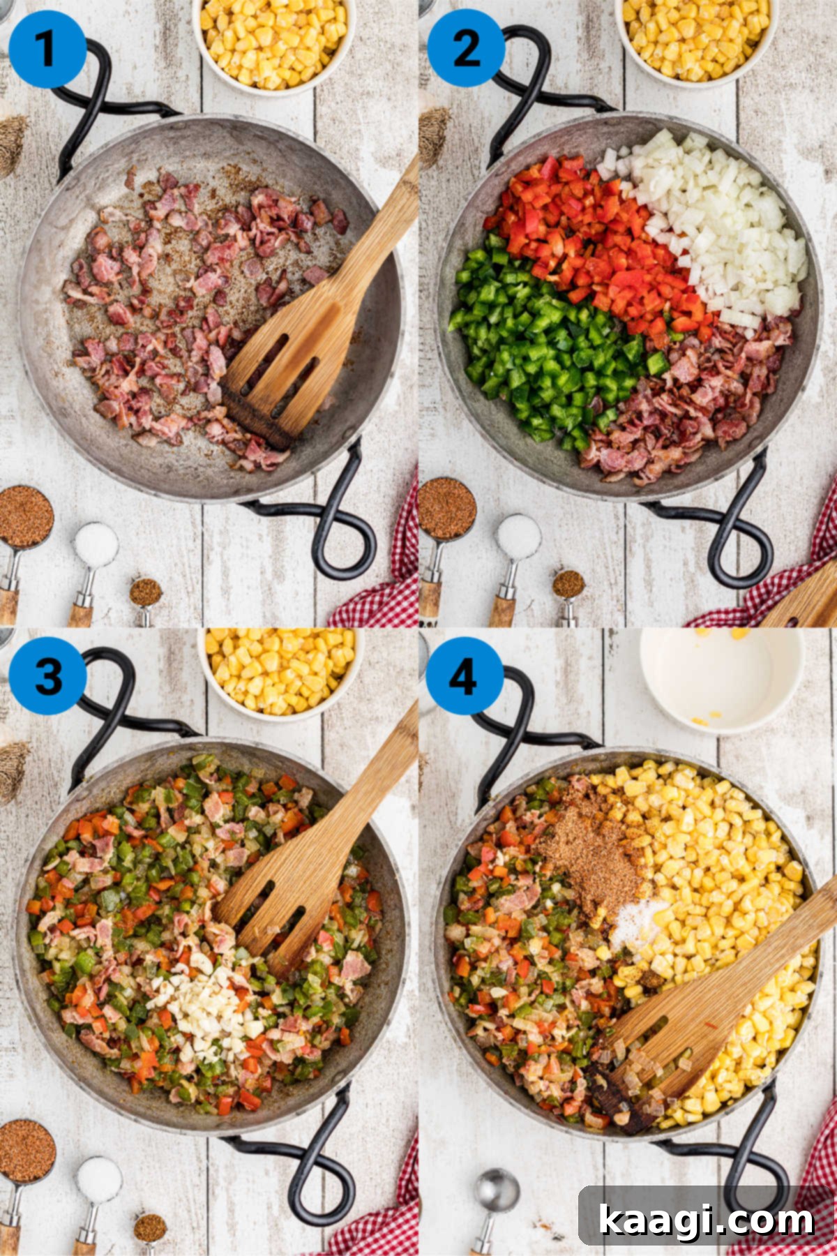 Cajun corn maque choux recipe steps from 1 through 4.