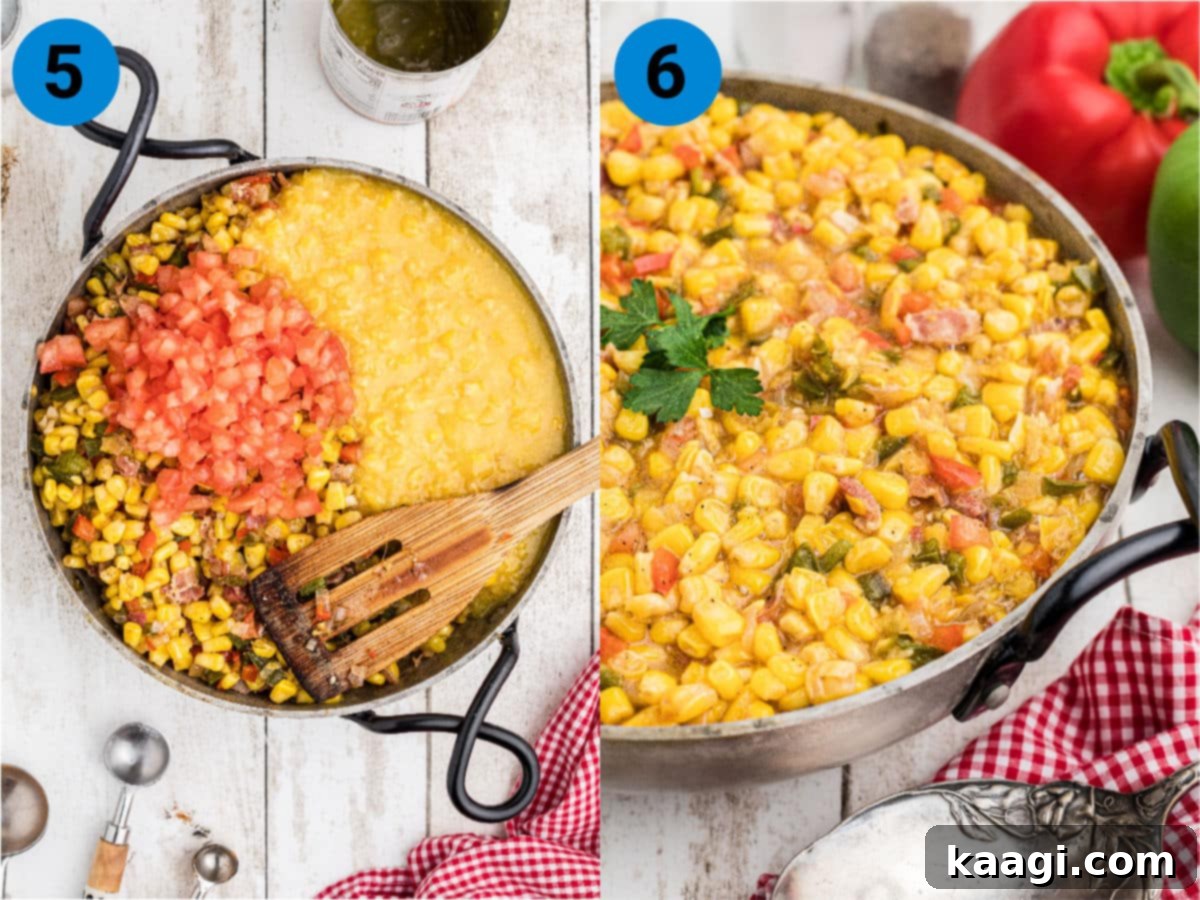 Collage of 2 images showing how to make Cajun Corn Maque Choux.