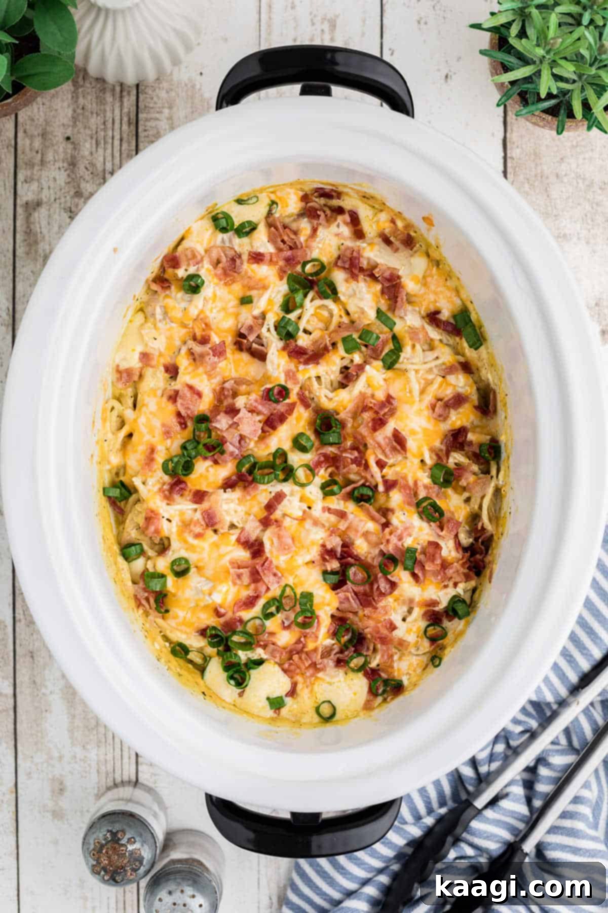 Creamy Slow Cooker Ranch Chicken Spaghetti 2 Overhead shot of a rich, creamy Crock Pot Ranch Chicken Spaghetti, ready to be served.