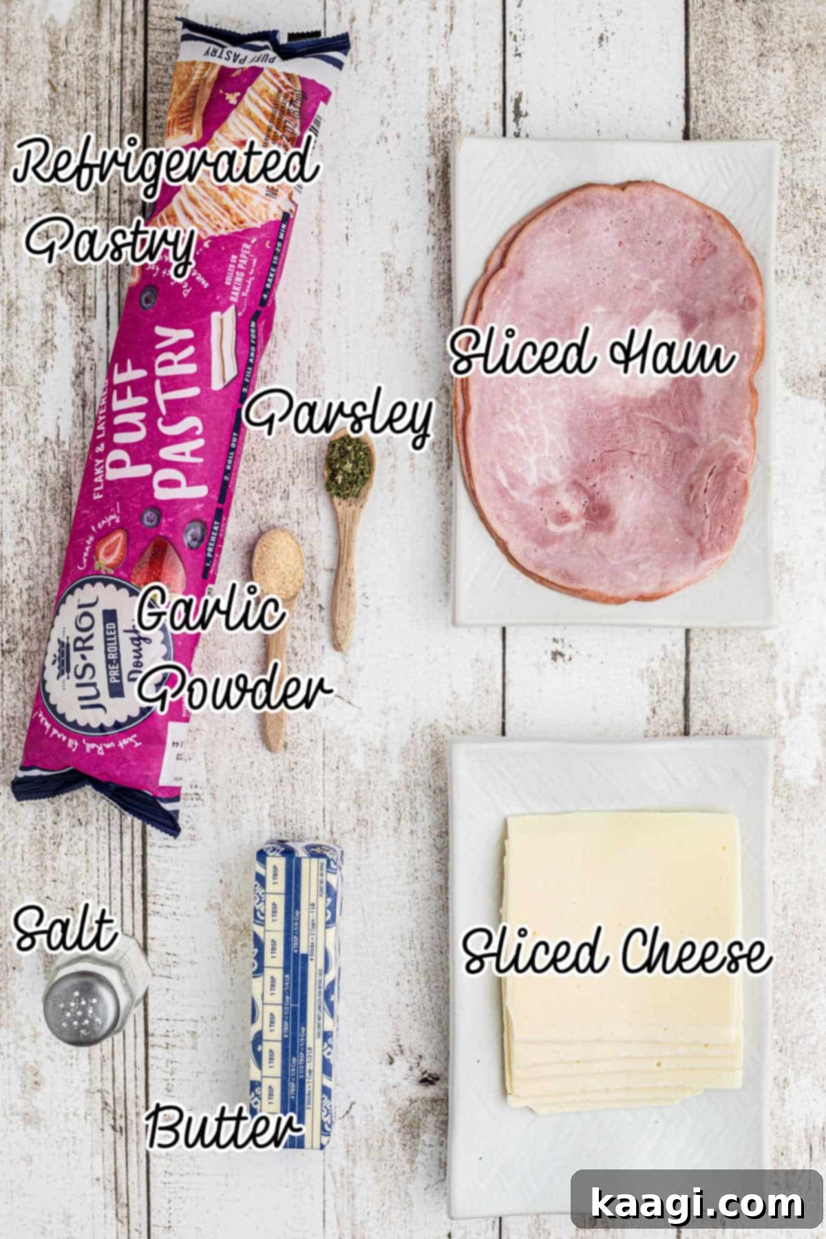 Overhead shot of some ingredients needed to make ham and cheese bites.