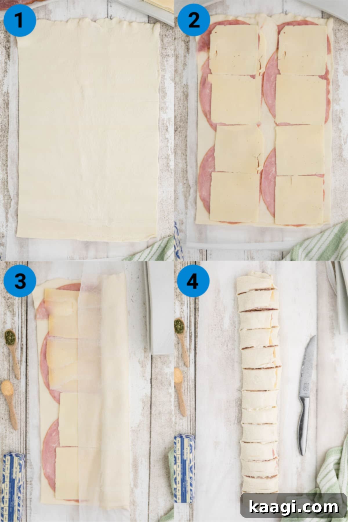 A collage of four images showing how to make ham and cheese bites.