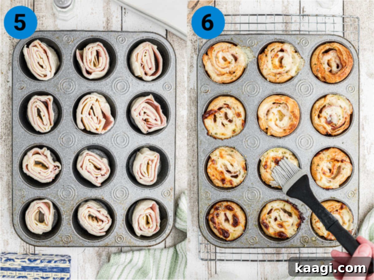 A collage of 2 images showing how to make ham and cheese bites.