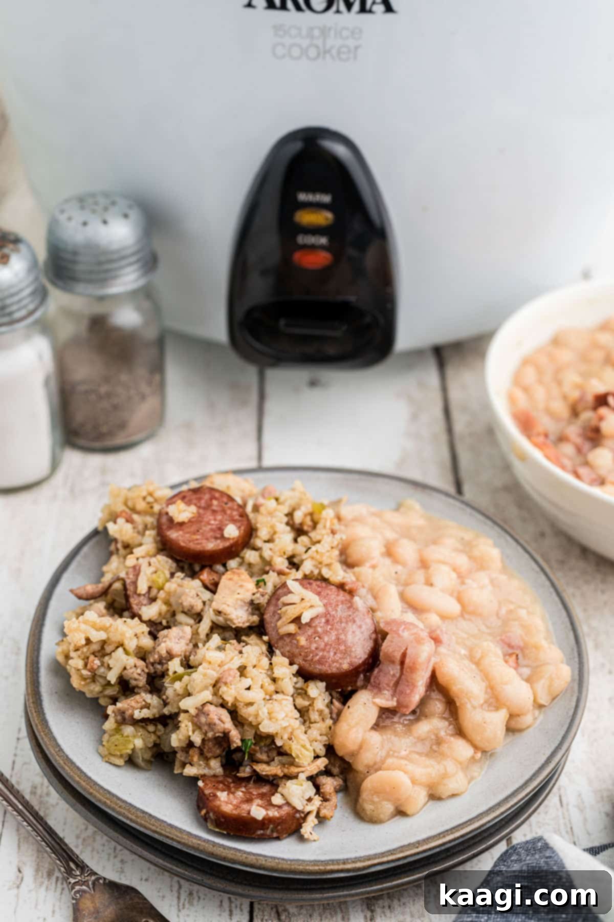 Plated up rice cooker jambalaya with some white beans on the side.