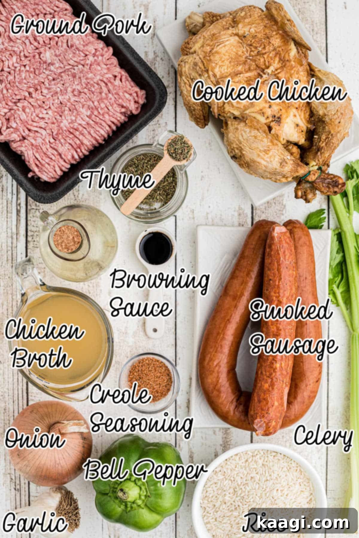 Ingredients laid out, for what is needed to make a rice cooker jambalaya.
