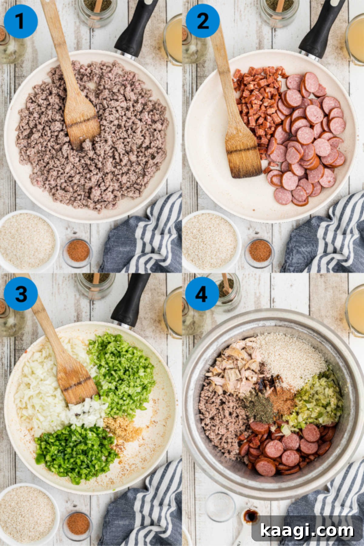 A collage of four images showing how to make a rice cooker jambalaya, from browning meats to sautéing vegetables.
