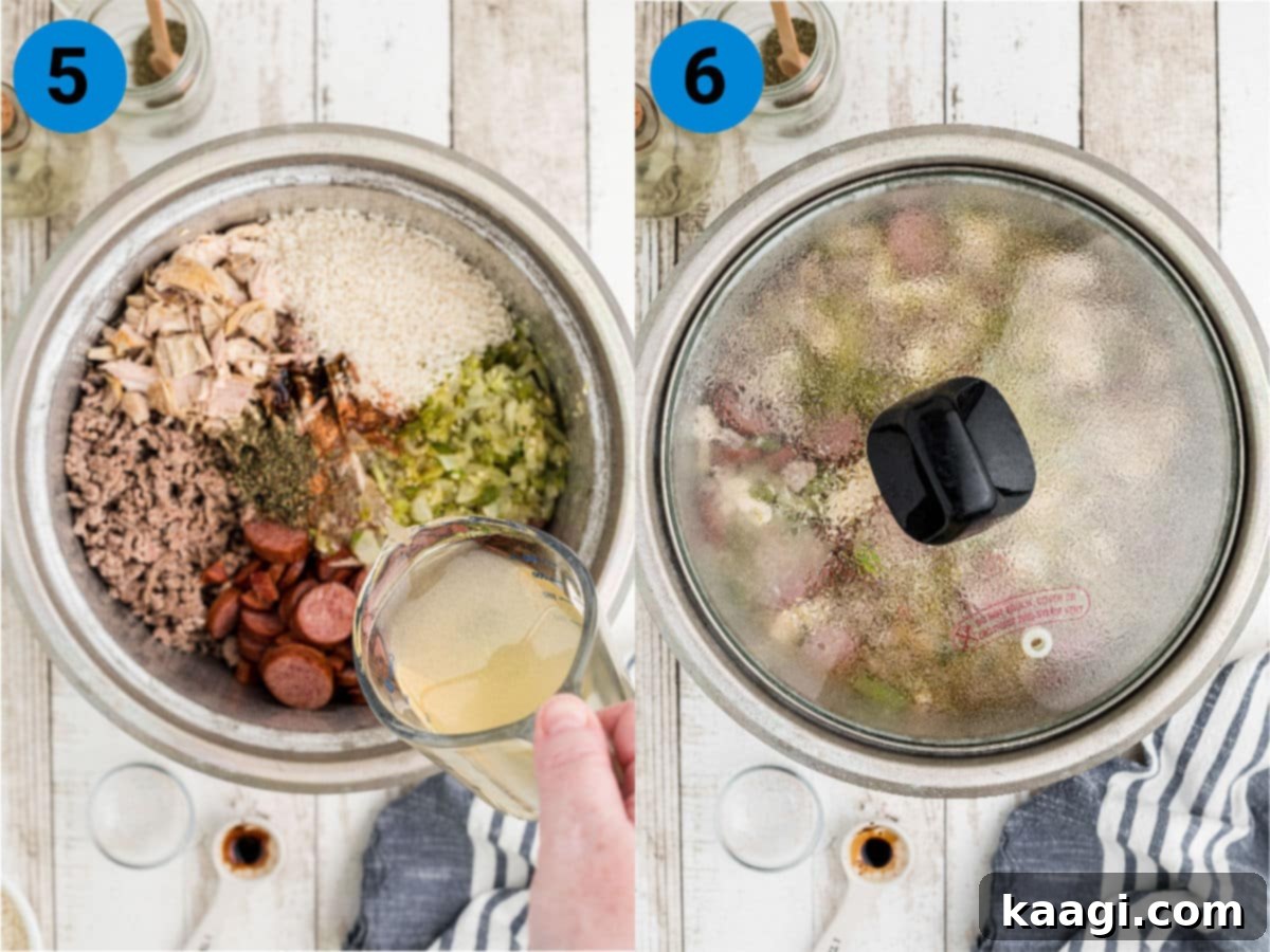 A collage of two images showing how to make jambalaya in a rice cooker.