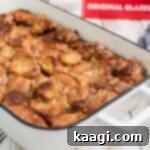 Close up of a pan full of krispy kreme bread pudding.