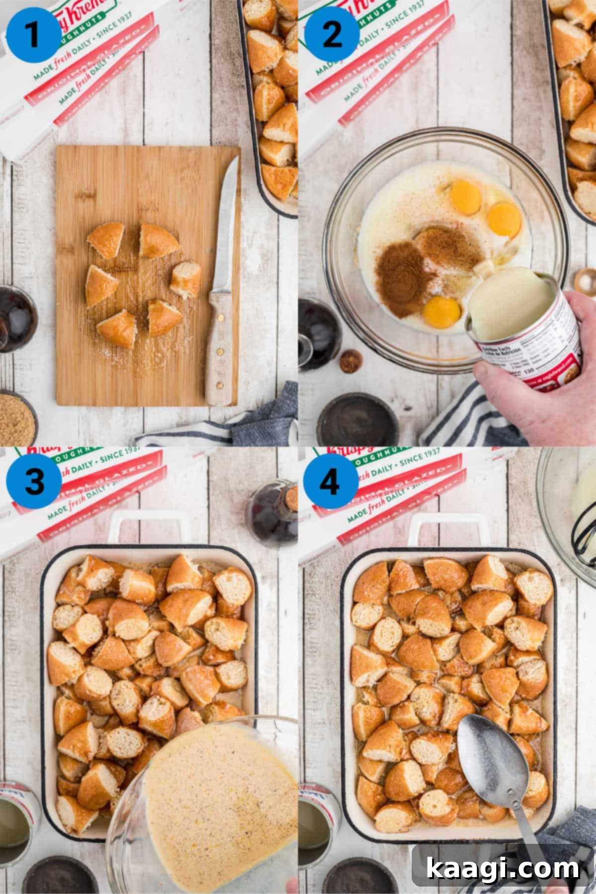 A visual guide showing four stages of preparing Krispy Kreme bread pudding, from cutting doughnuts to mixing custard and soaking them.