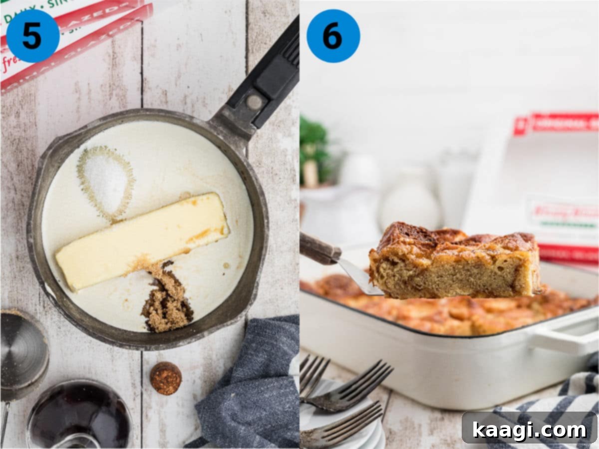 A visual sequence showing how to finish making Krispy Kreme bread pudding, focusing on the baking process and the delicious end result.