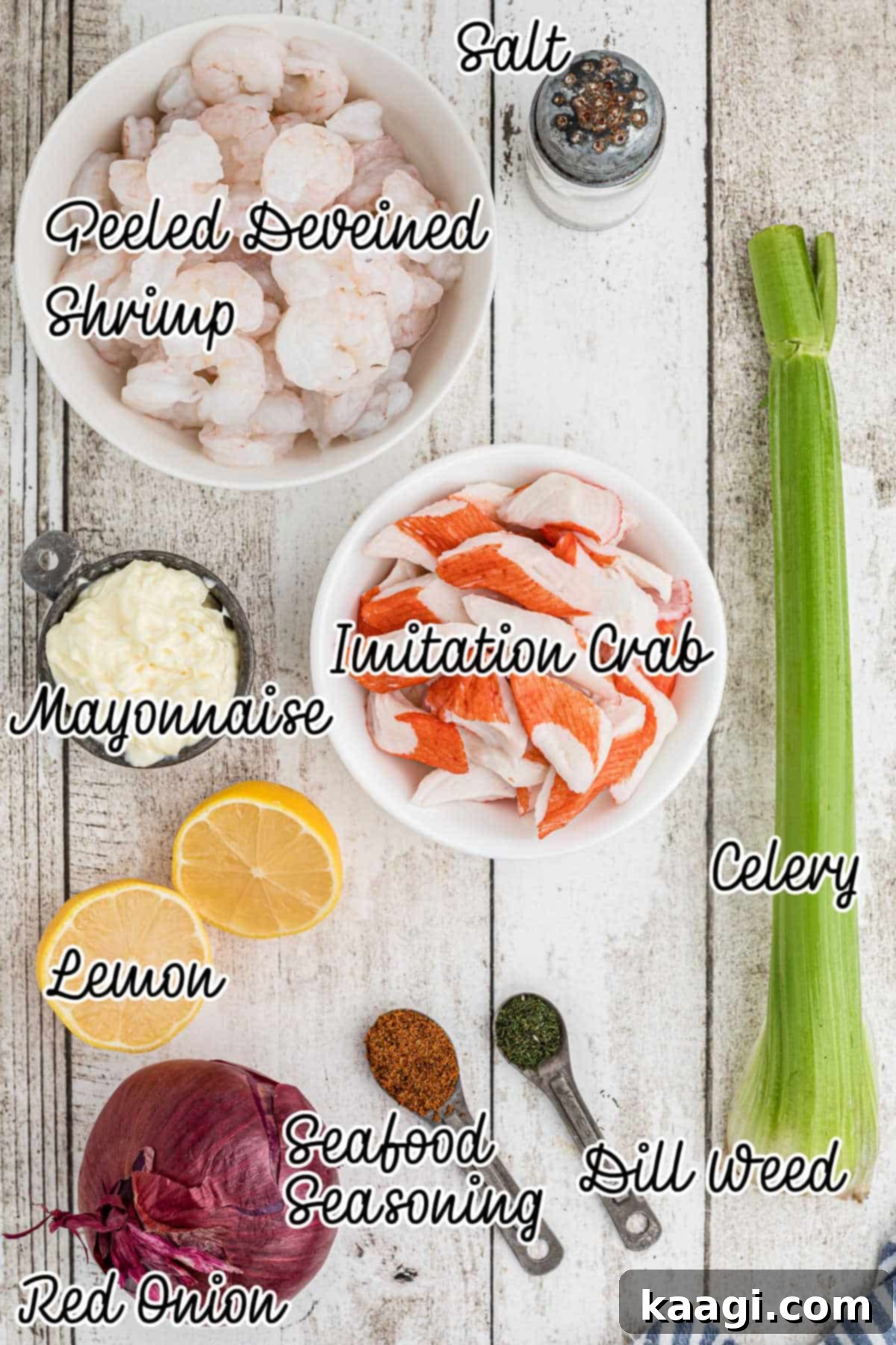 Deep South Seafood Symphony 3 Overhead shot of ingredients needed to make a southern seafood salad.