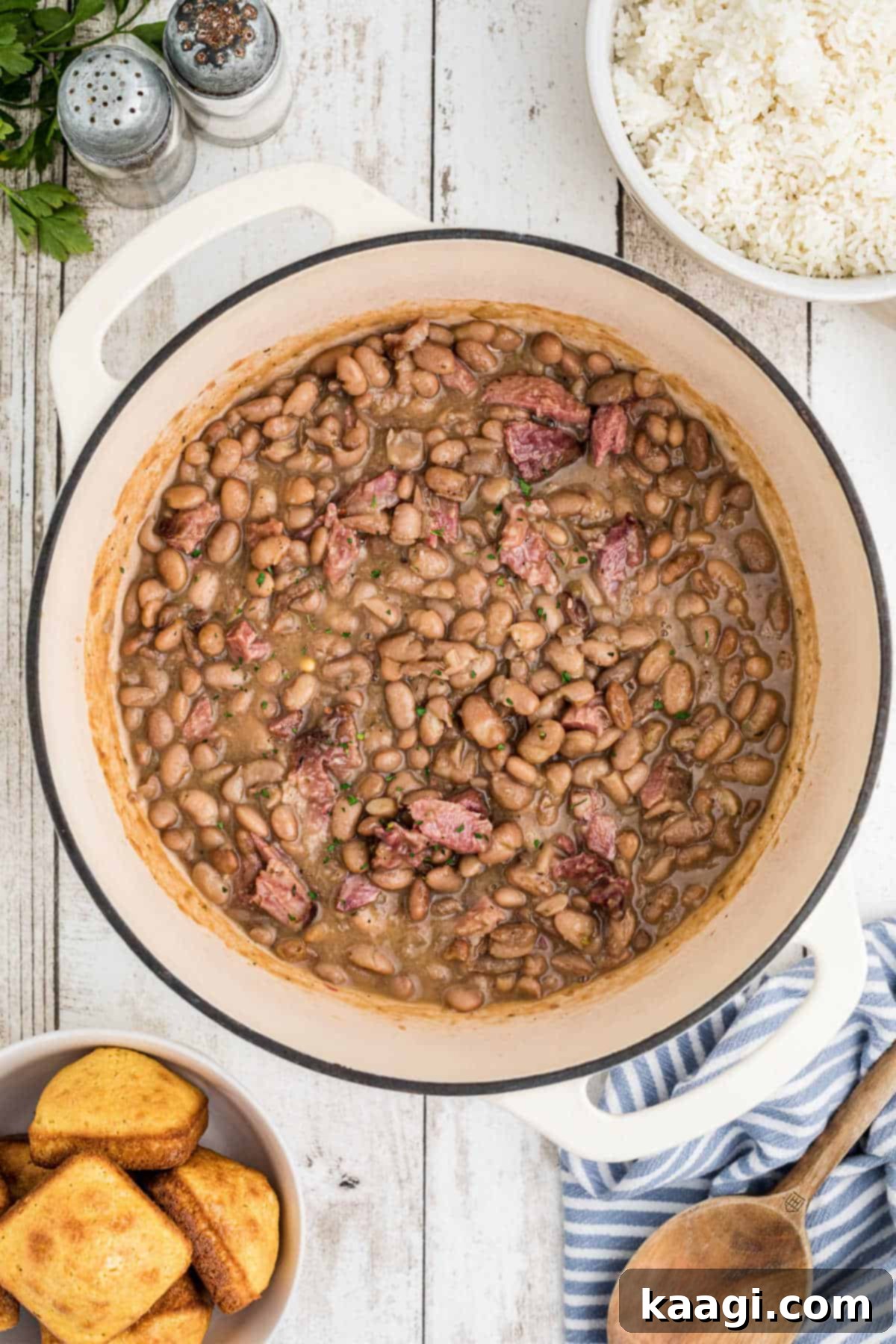 A pinto beans recipe in a Dutch oven, showcasing its rich texture and color.