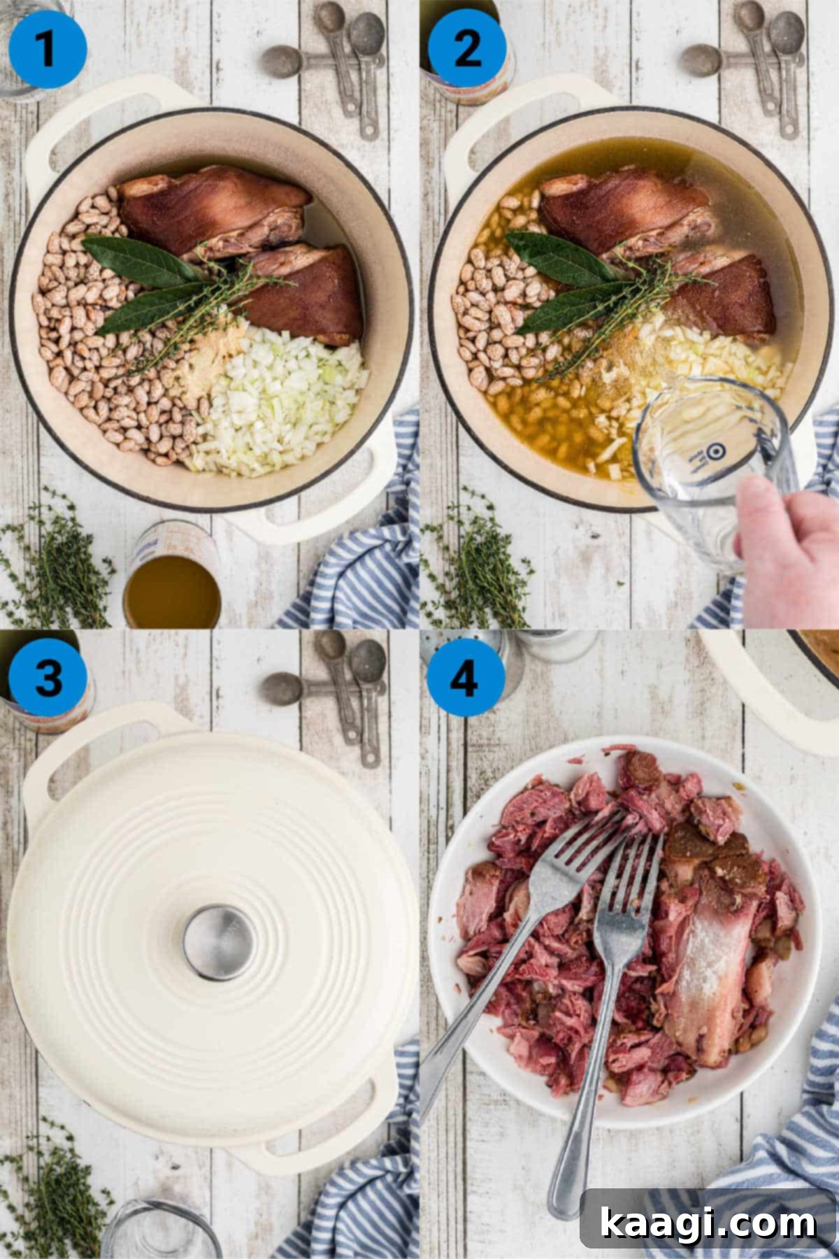 A collage of four images showing the process of making a pinto beans recipe, from adding ingredients to simmering, providing a visual guide.