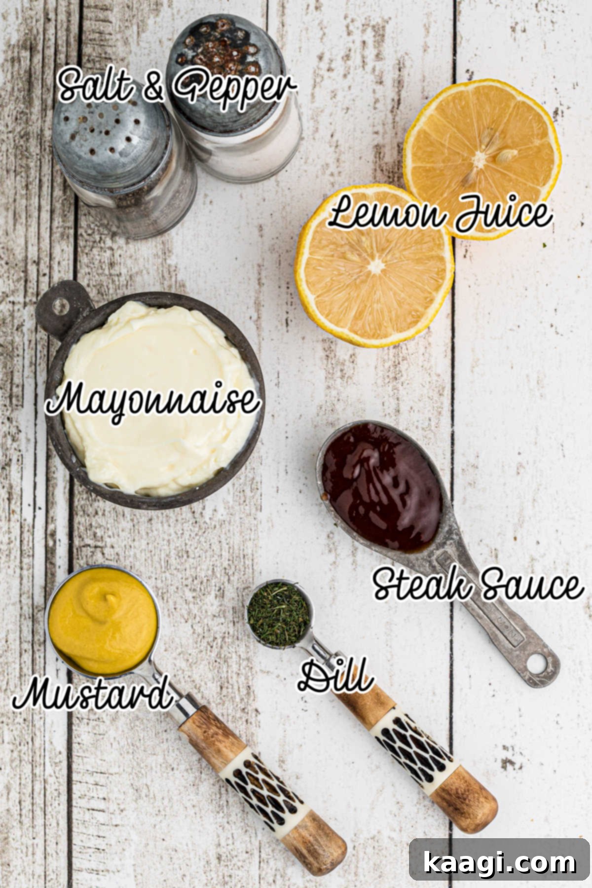 Ingredients needed to make a copycat mcdonalds breakfast sauce recipe including mayonnaise, mustard, steak sauce, dill weed, and lemon juice.