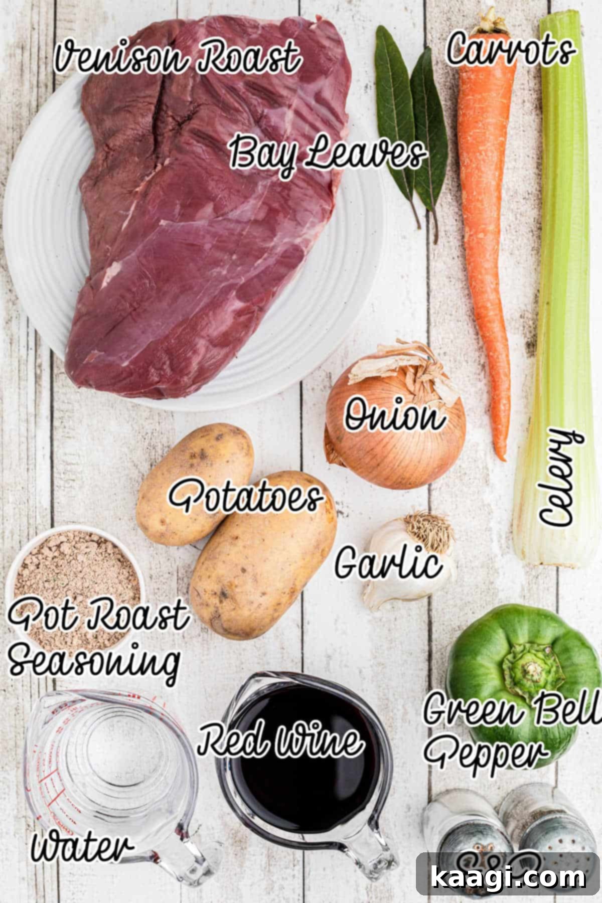 Red Wine Braised Venison Pot Roast 3 Overhead shot of the ingredients needed to make a slow cooker venison roast with red wine recipe.