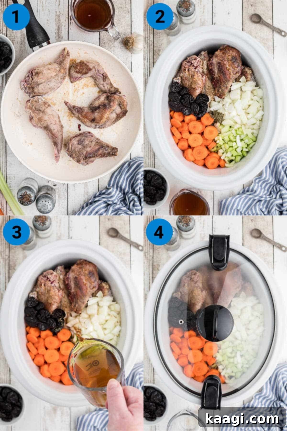 Tender Slow Cooker Rabbit Stew 4 A collage of four images illustrating the process of making slow cooker rabbit stew: dredging rabbit, browning in skillet, adding ingredients to slow cooker, and the finished stew.