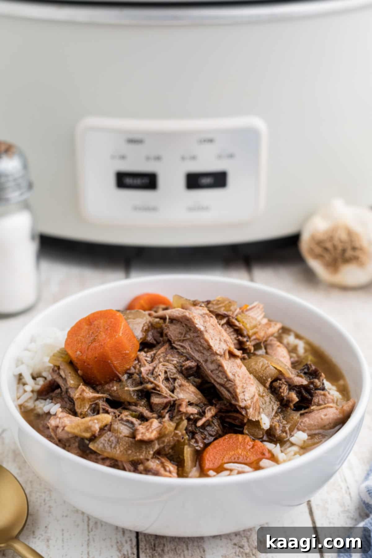 Tender Slow Cooker Rabbit Stew 6 A dished out bowl of slow cooker rabbit stew, garnished with fresh herbs, showcasing its rich texture and inviting warmth.