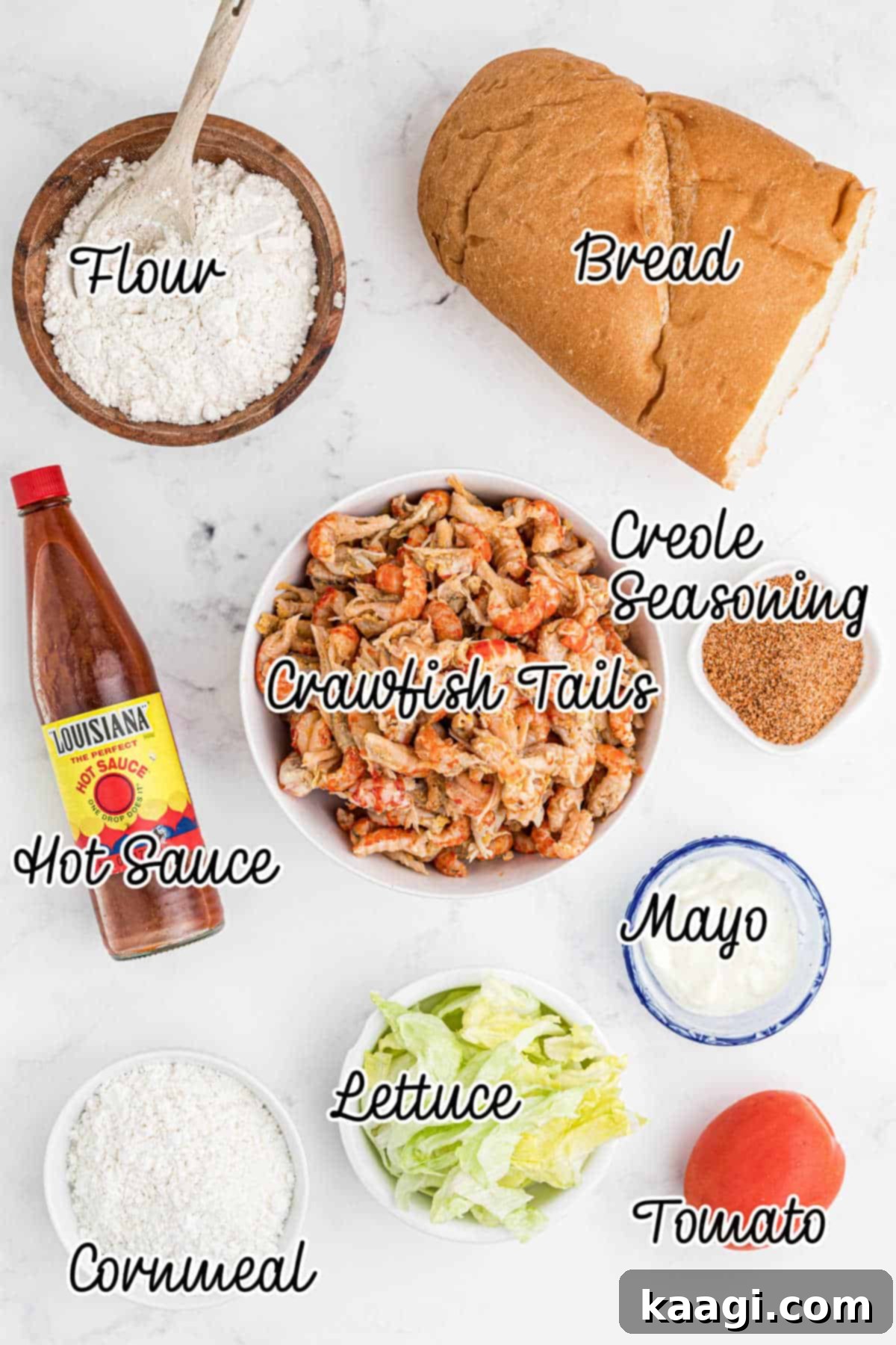 Overhead shot of ingredients needed to make a fried crawfish poboy.