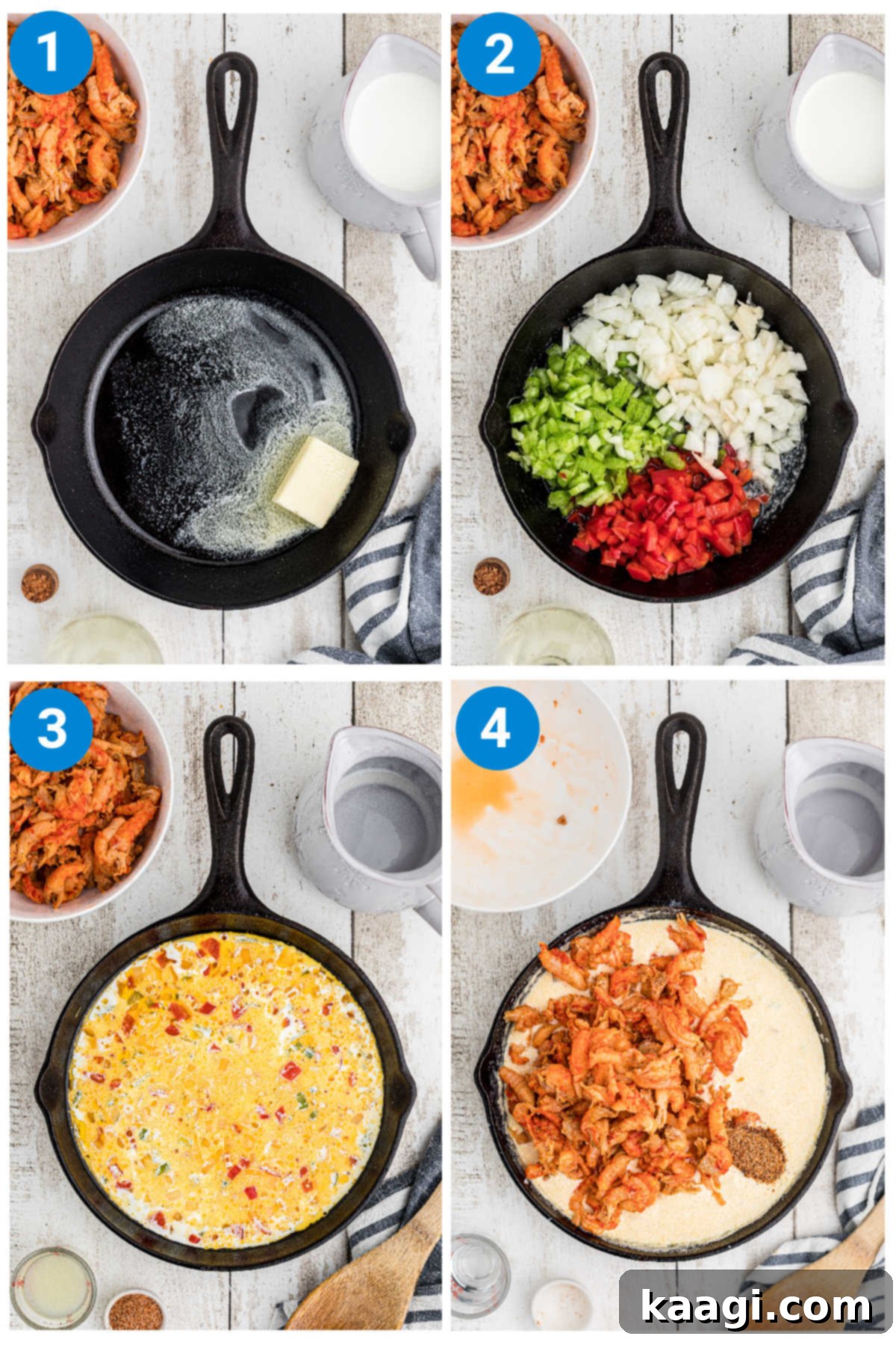 A collage of four images showing how to make a crawfish sauce recipe, steps 1 through 4, illustrating the cooking process from sautéing vegetables to adding crawfish and seasoning.