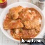 Cajun Catfish Delight 7 Overhead close up of a bowl of catfish courtbouillon over rice.