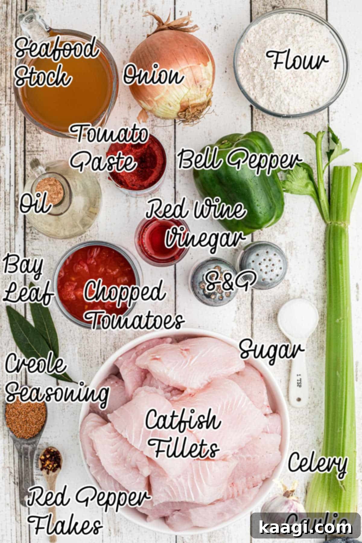 Cajun Catfish Delight 3 Ingredients needed to go into a catfish courtbouillon with text overlay.