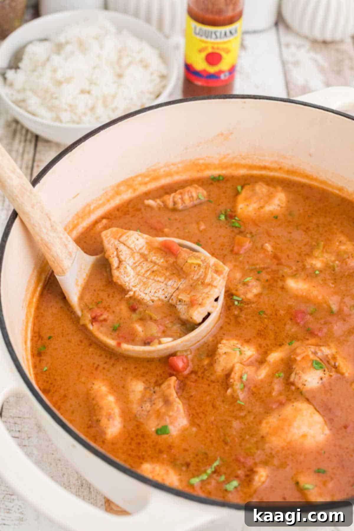 Cajun Catfish Delight 5 A ladle taking a scoop of catfish courtbouillon from a pot.