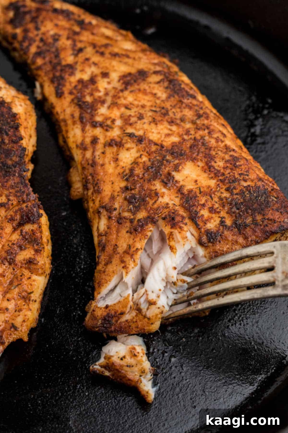 Smoky Cajun Redfish 9 Close up of a piece of blackened redfish with a fork flaking it, revealing the perfectly cooked, moist interior.