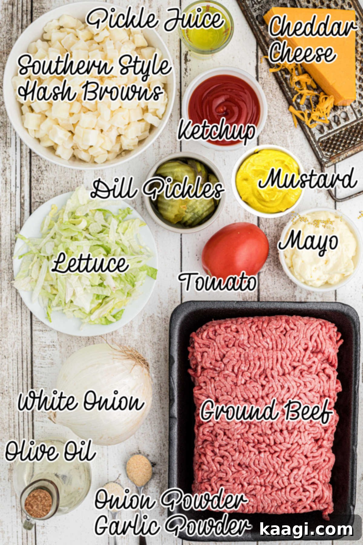Ultimate Big Mac Comfort Casserole 3 Overhead shot of ingredients needed to make a big mac casserole.