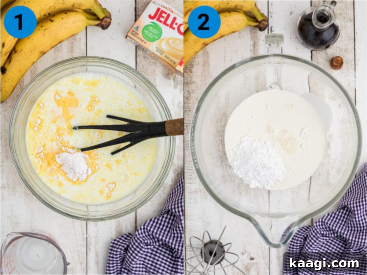 A collage of two images showing the preparation of banana pudding cups, from mixing the pudding to layering ingredients in a glass.