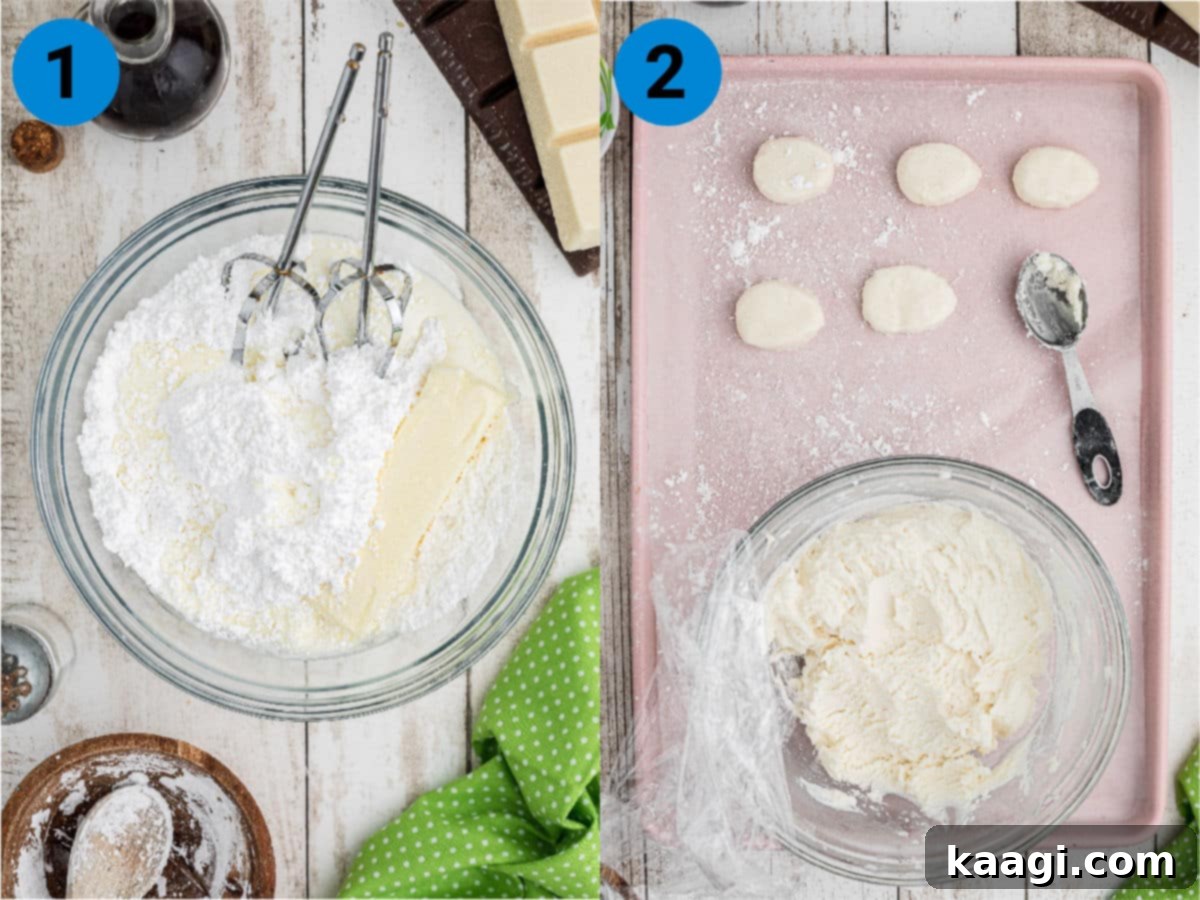 A collage of two images showing the process of mixing and shaping buttercream for easter eggs.