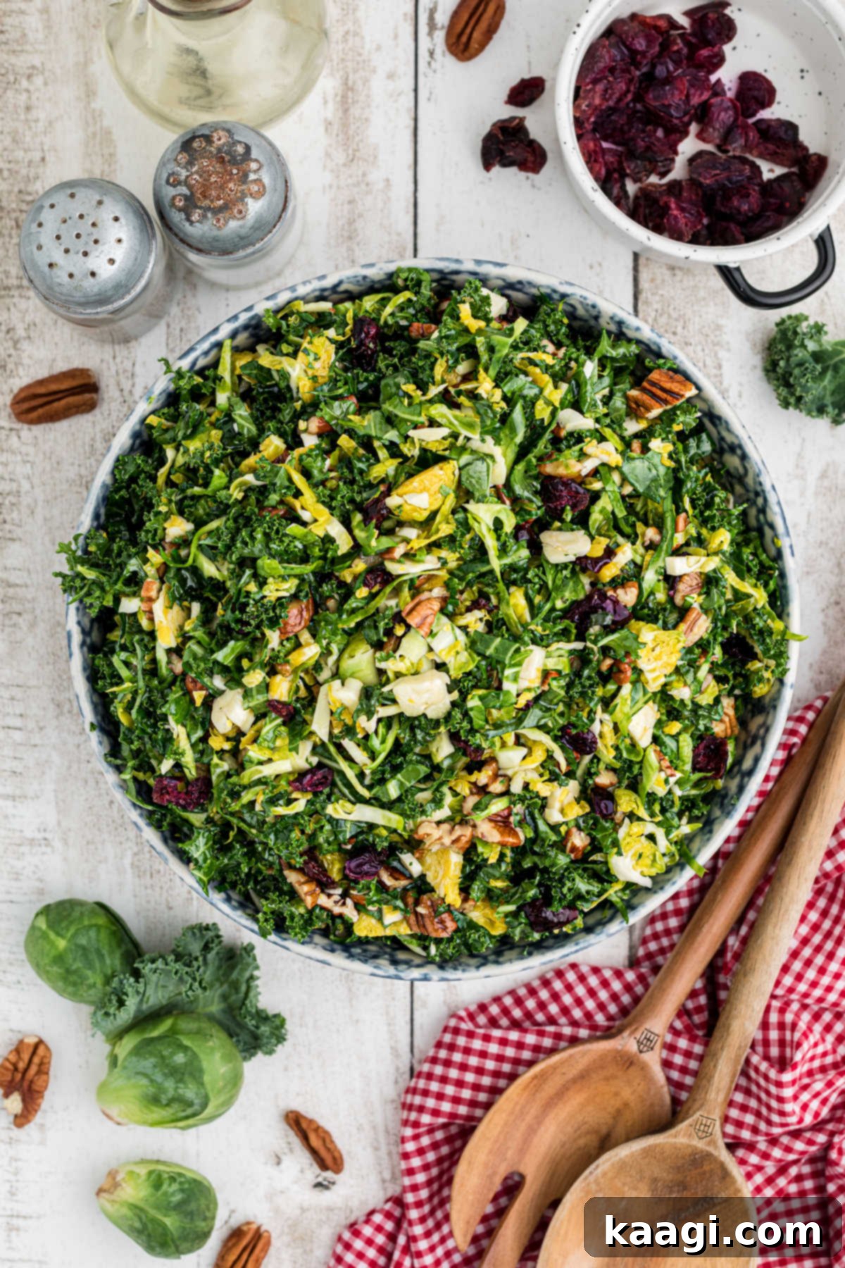 Copycat Cracker Barrel Kale Salad 2 Overhead shot of a bowl of cracker barrel kale and sprout salad.