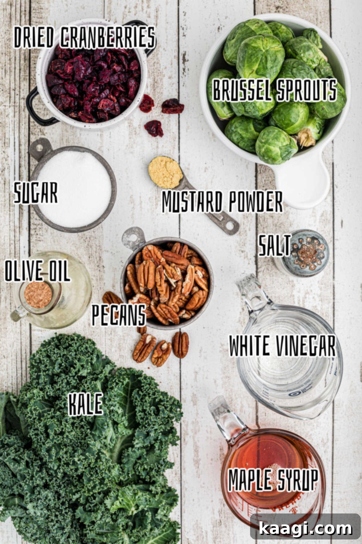 Copycat Cracker Barrel Kale Salad 3 Overhead shot of ingredients needed to make a cracker barrel kale salad, with text overlay.