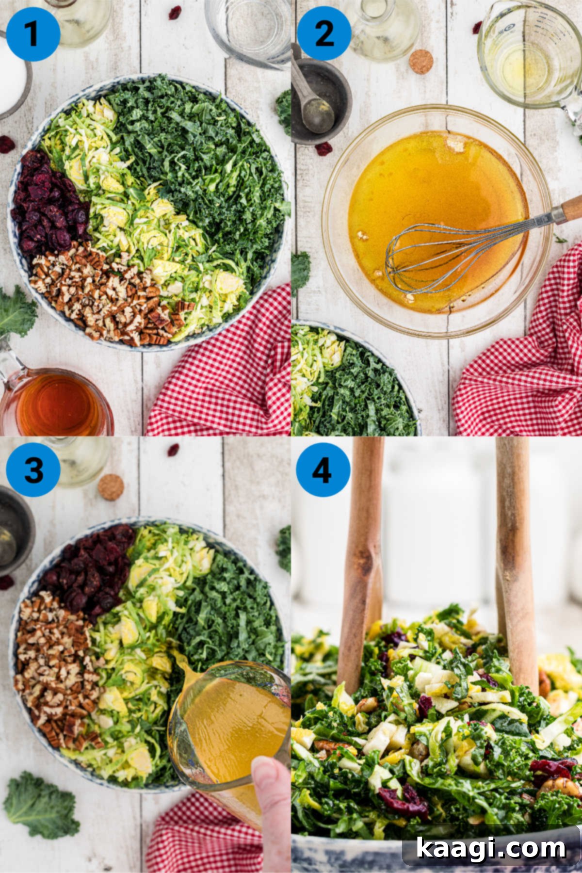 Copycat Cracker Barrel Kale Salad 4 A collage of four images showing how to make a copycat cracker barrel kale salad.