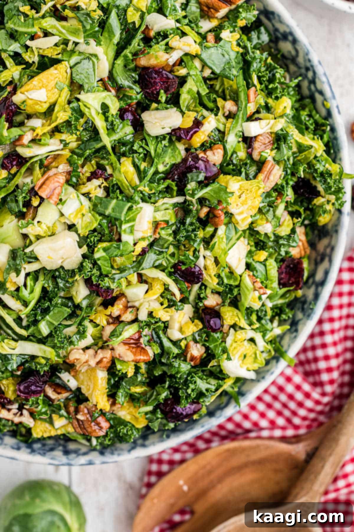 Copycat Cracker Barrel Kale Salad 5 Overhead close up shot of a bowl of kale salad.