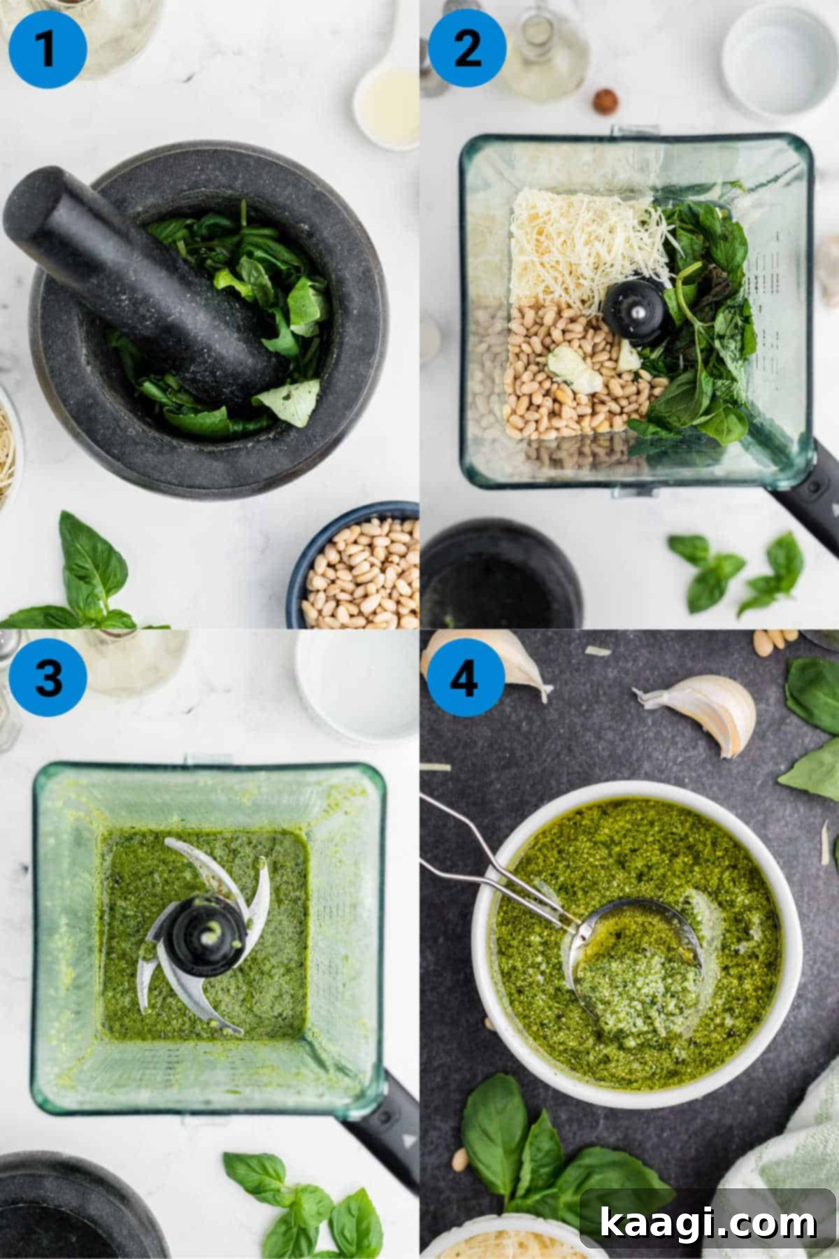Vibrant Pesto Vinaigrette 4 A collage of four images showing the step-by-step process of making pesto dressing: bruising basil, combining ingredients in a blender, seasoning, and the final product.