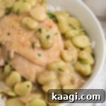 Close up of a bowl of chicken and lima beans on rice.