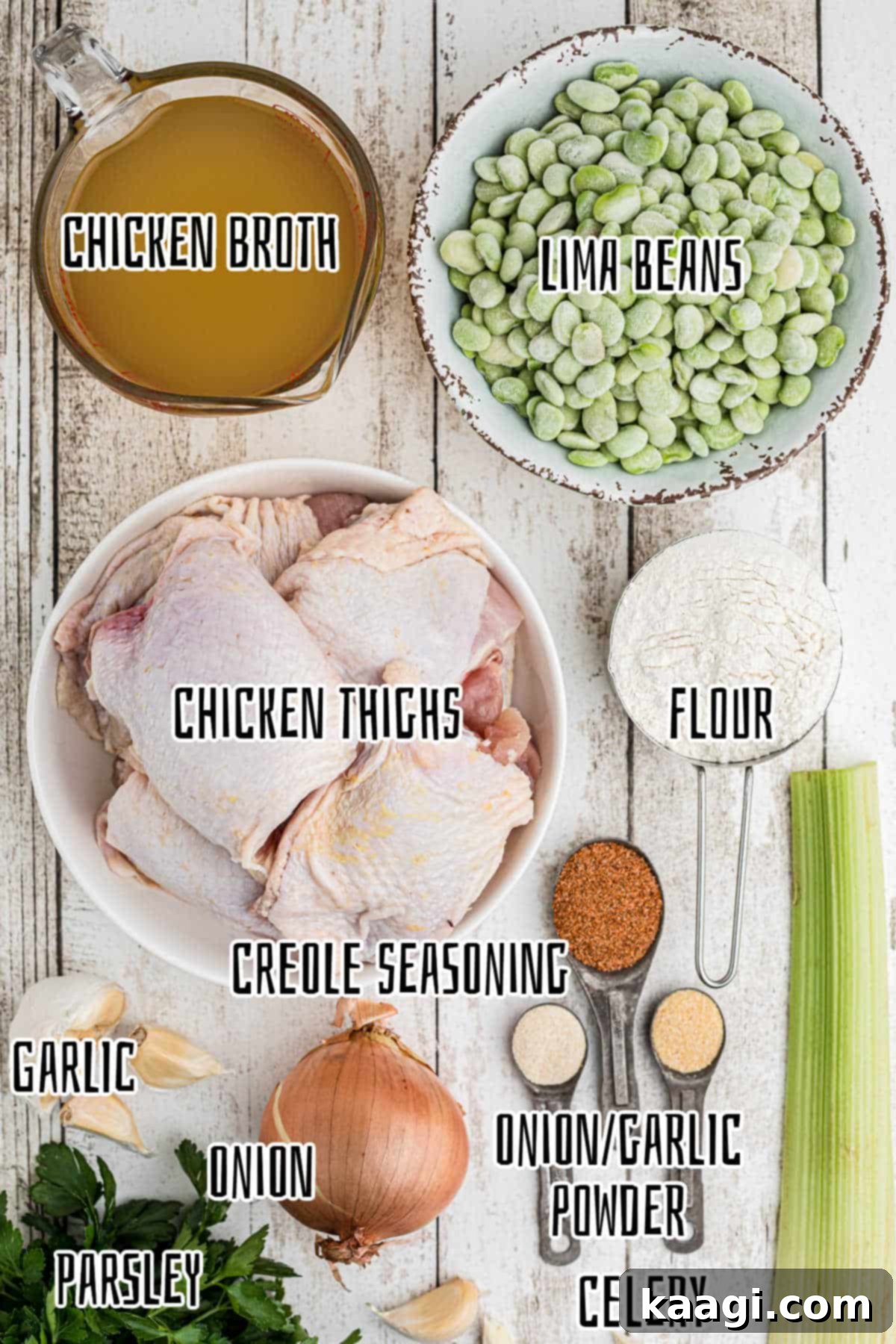Ingredients for chicken and lima beans recipe laid out on a table.