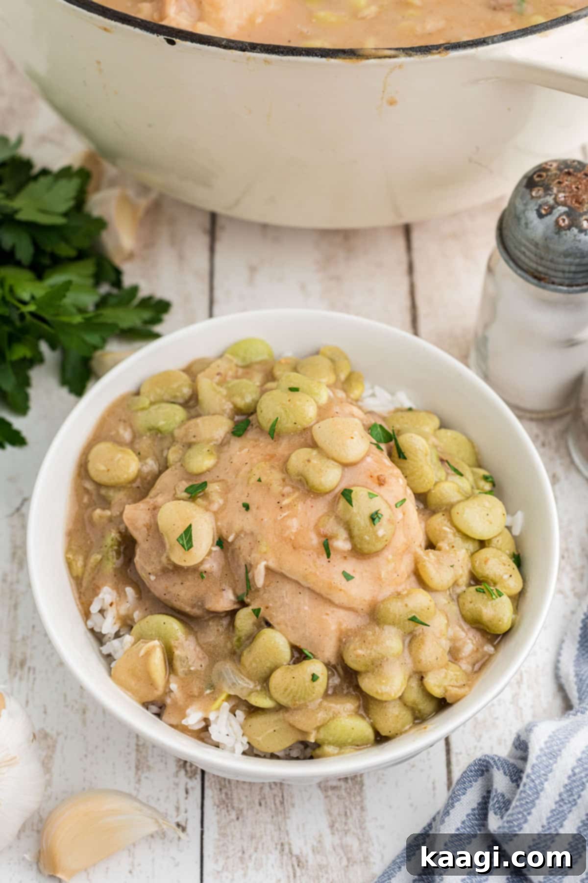Front view of a bowl of chicken and butter beans on rice, ready to be enjoyed.