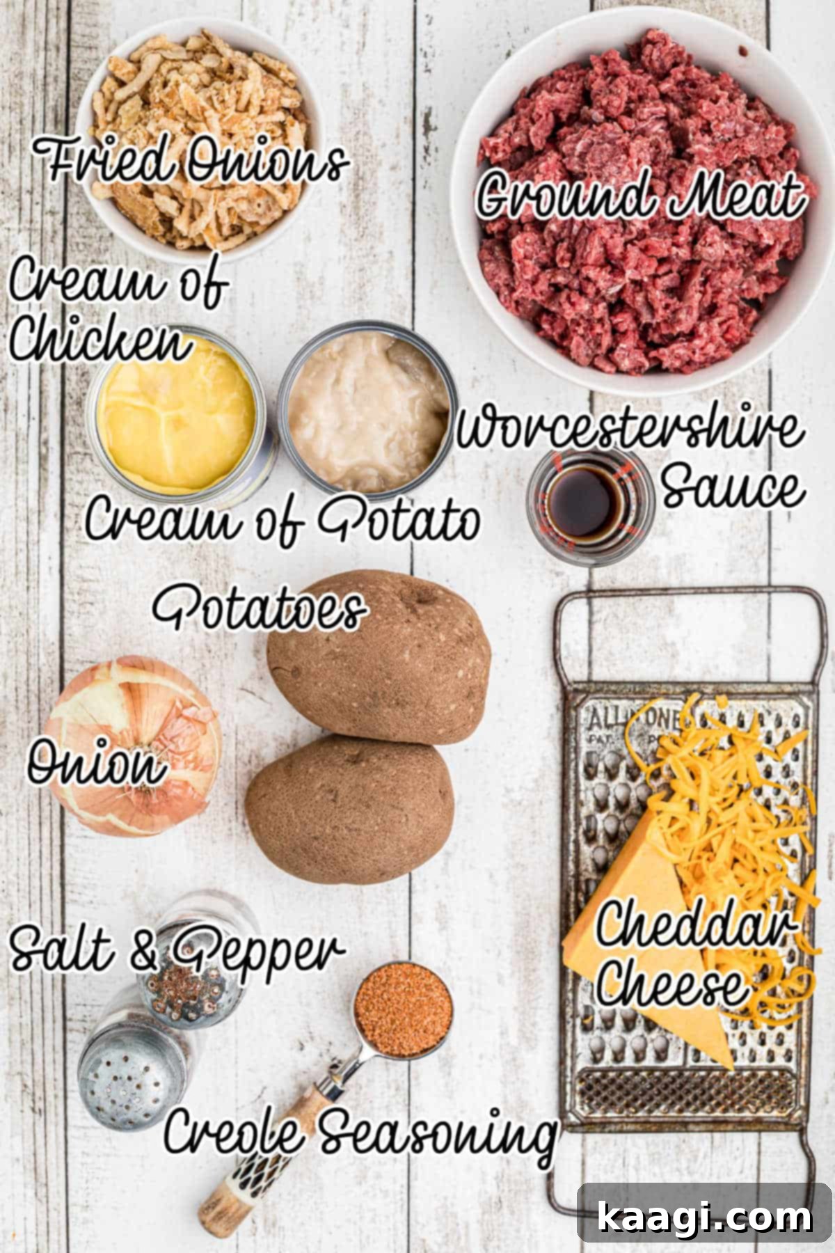 Ingredients needed to make a hobo casserole, including ground beef, potatoes, onions, cheese, and cans of soup.