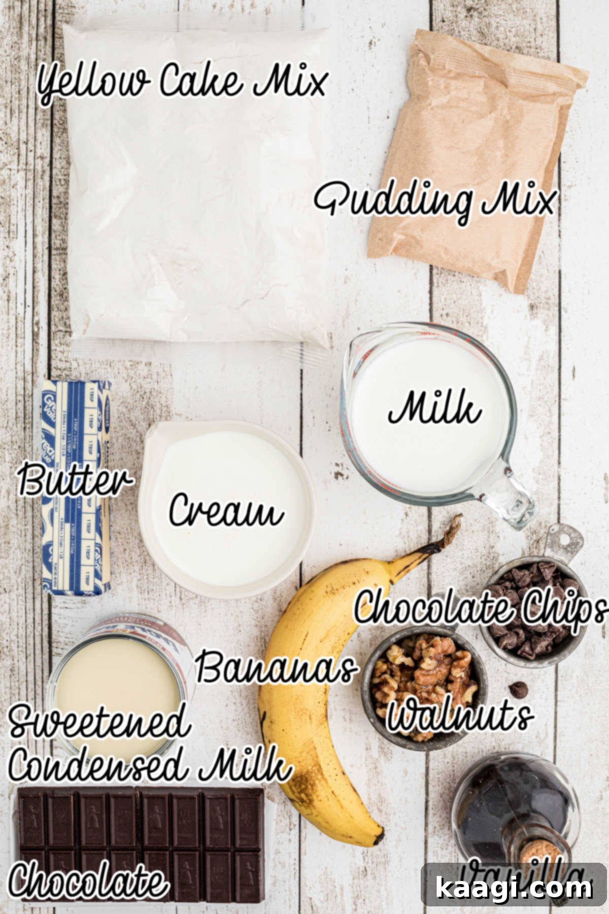 A beautiful flat lay of all the essential ingredients laid out for making the banana dream cake, including ripe bananas, chocolate, butter, and cake mix.