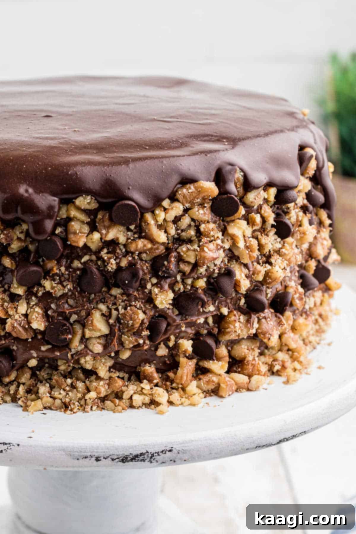 A close-up shot of the perfectly frosted and garnished Banana Dream Cake, highlighting the chocolate ganache and nut/chip sides.