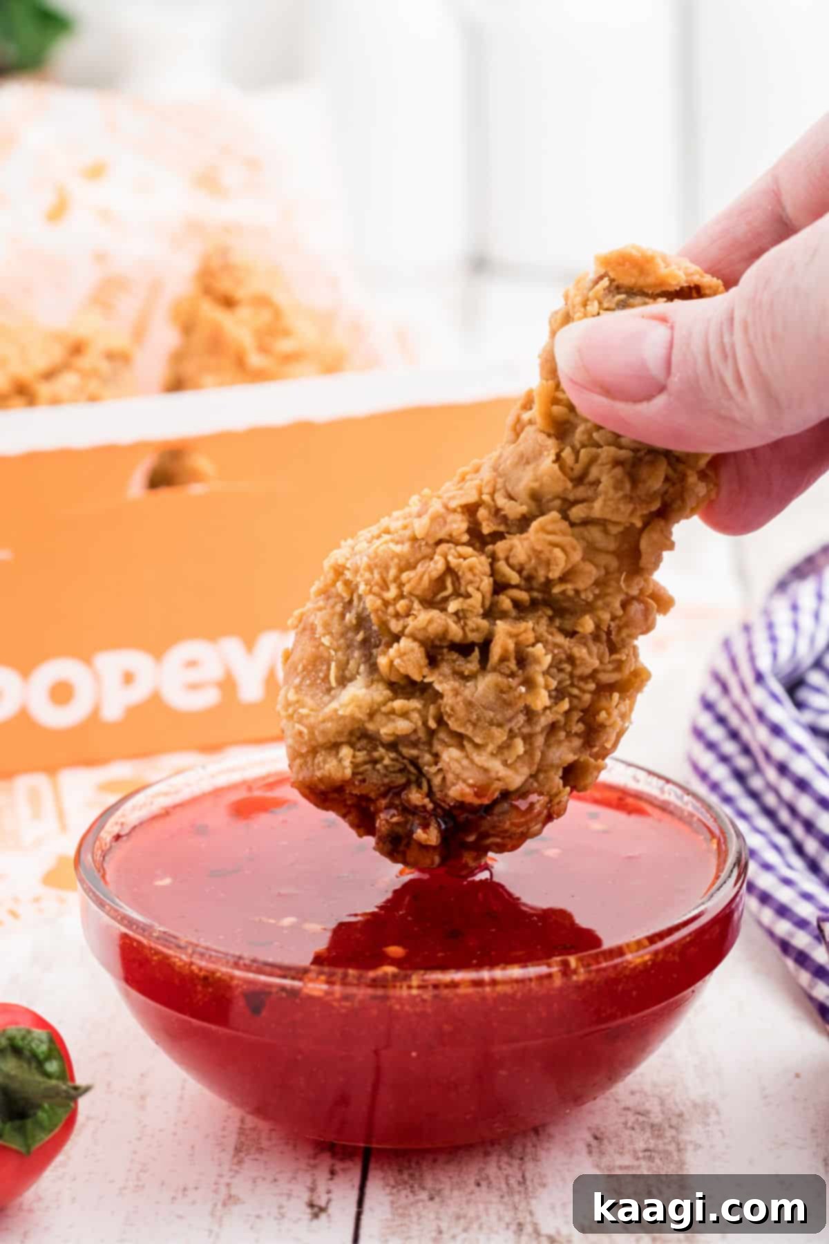 A piece of Popeyes chicken being dipped into homemade sweet heat sauce.