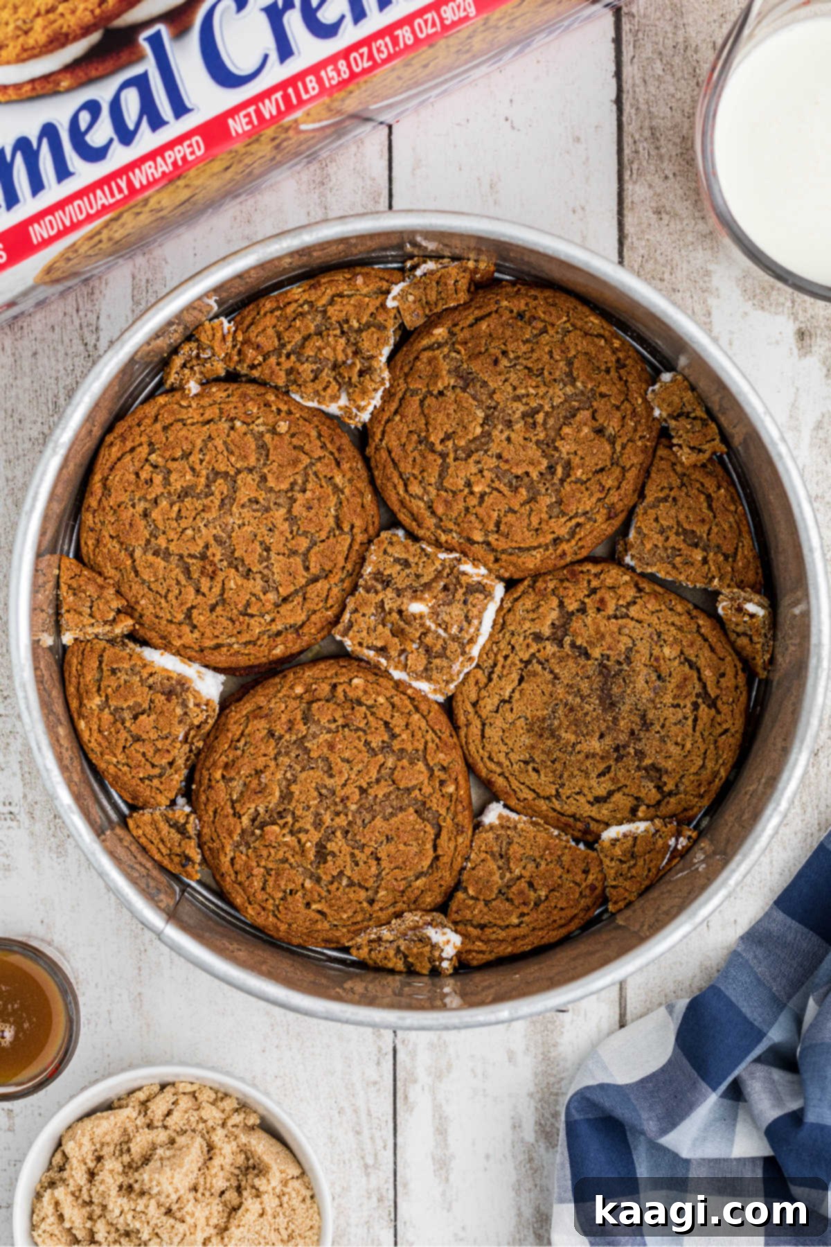 Oatmeal creme pie cookies lining a base of a pie dish, creating the crust.