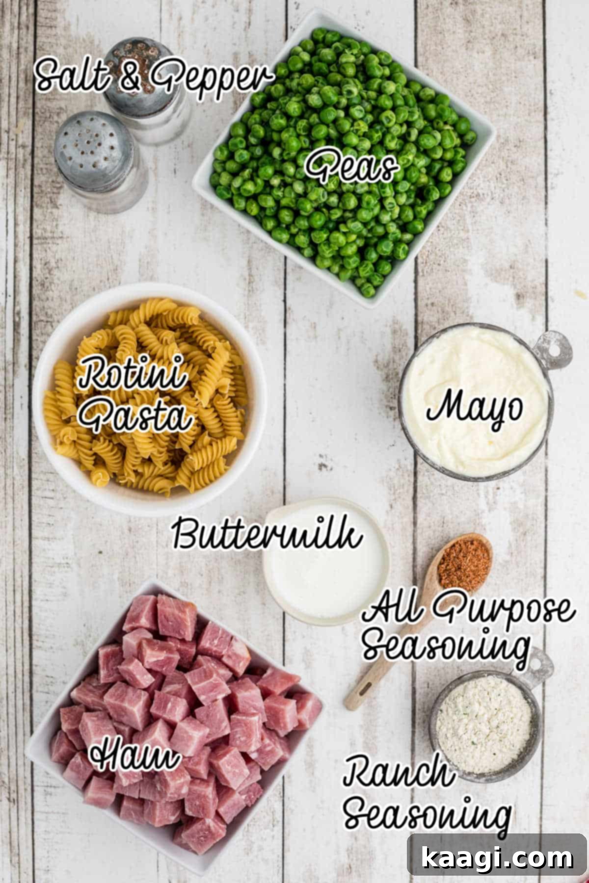 Overhead shot of the fresh ingredients needed to make Ruby Tuesday Ham and Pea pasta salad recipe, neatly arranged.