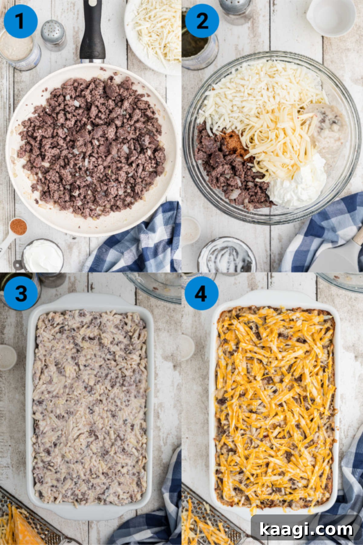 A visual collage illustrating the four main steps to prepare a hamburger hashbrown casserole, from browning beef to the final cheese topping.