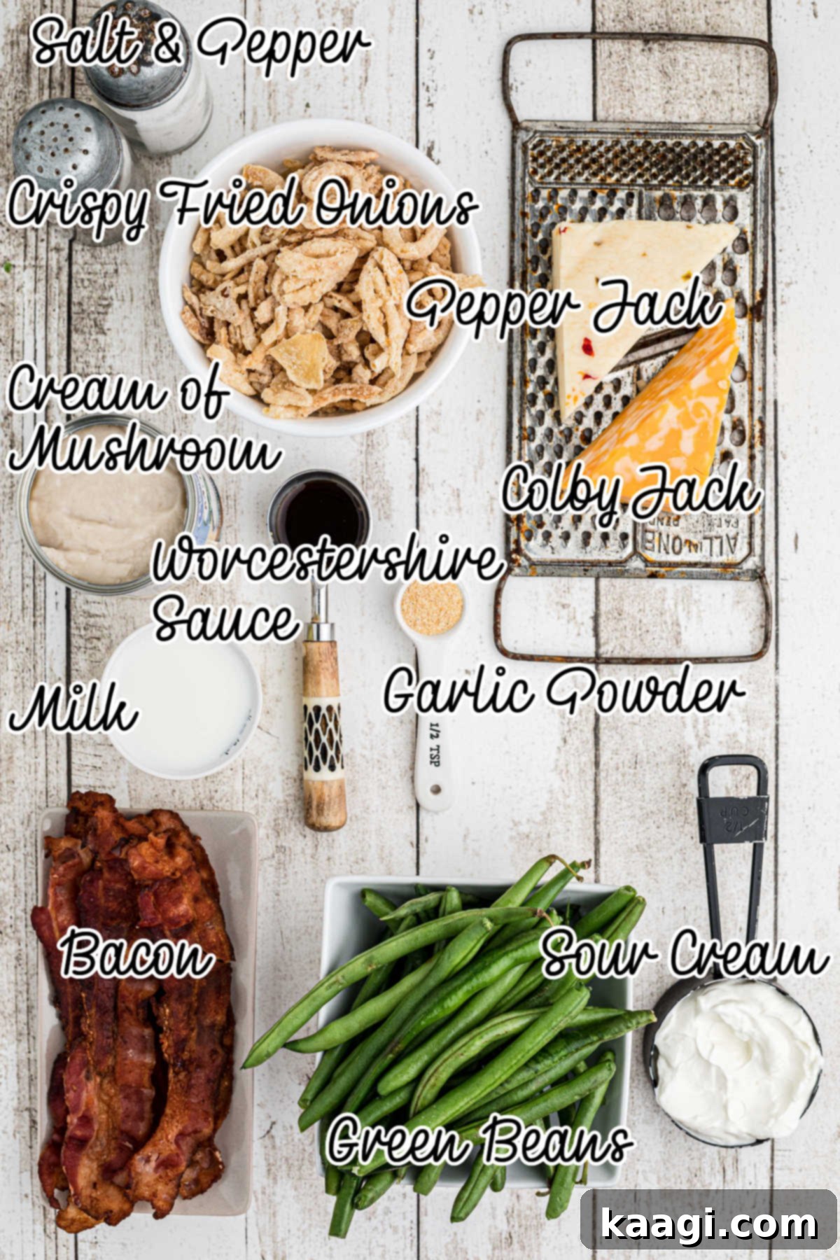 Ingredients needed to make a loaded green bean casserole, with text overlay.