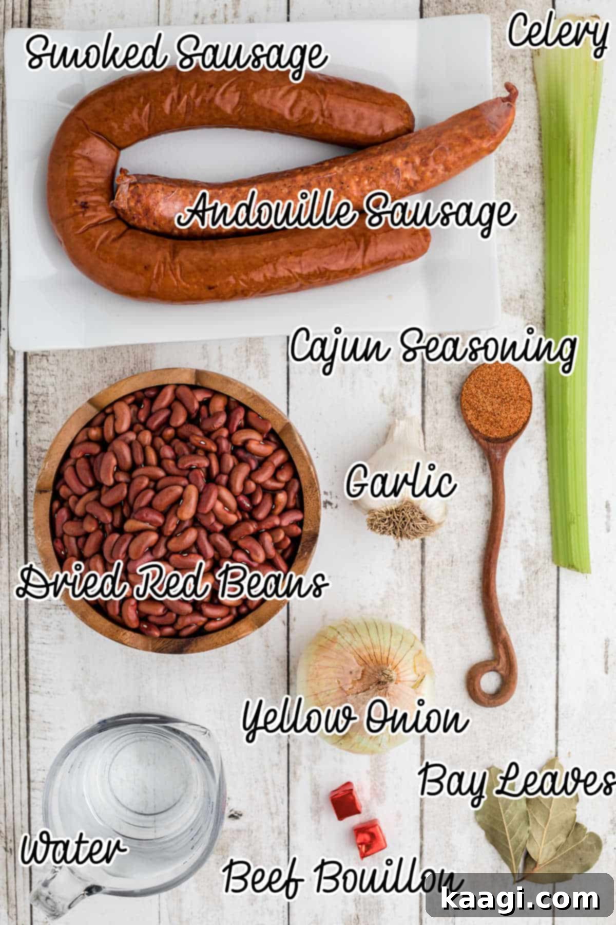 Soulful Slow Cooker Cajun Red Beans and Rice 3 Overhead shot of ingredients needed to make a slow cooker Cajun red beans and rice recipe.