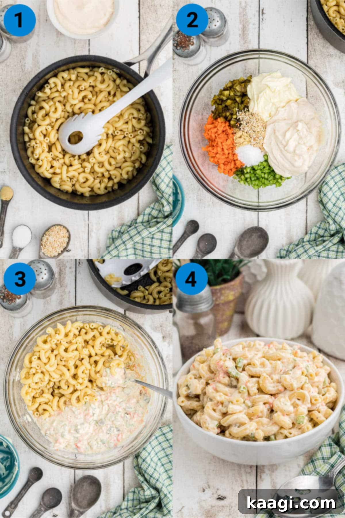 A collage of four images showing the step-by-step process of making a copycat KFC Macaroni Salad recipe.