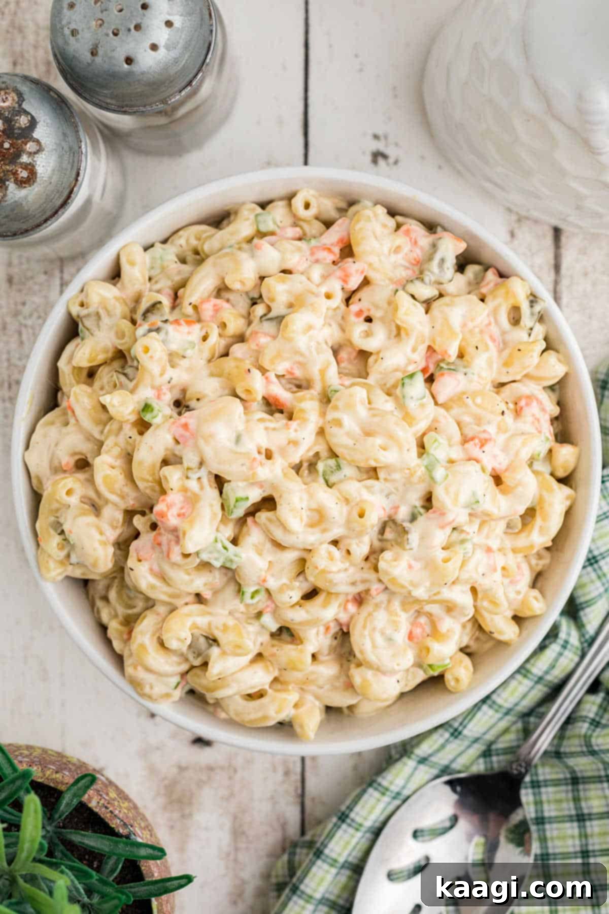 Overhead view of a beautifully prepared KFC Macaroni Salad, ready to serve.